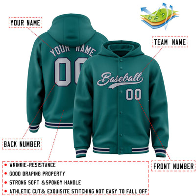 Custom Aqua Gray-Navy Varsity Full-Snap Letterman Classic Jacket Hoodie