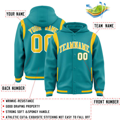 Custom Aqua Gold Varsity Full-Snap Letterman Shoulder Color Block Jacket Hoodie