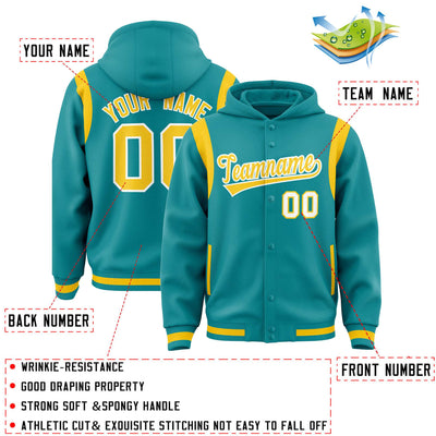 Custom Aqua Gold Varsity Full-Snap Letterman Shoulder Color Block Jacket Hoodie