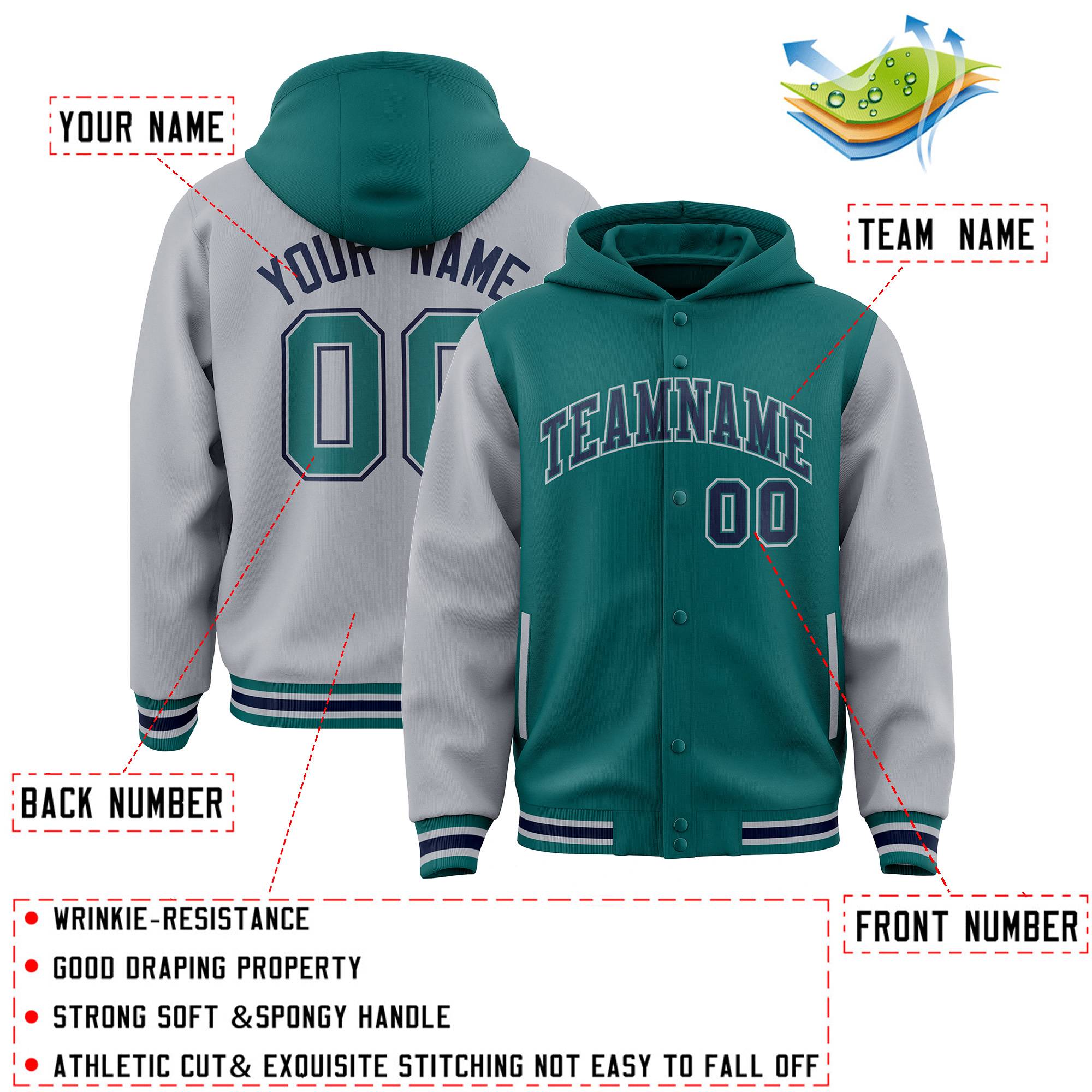 Custom Aqua Gray Raglan Sleeves Varsity Full-Snap Letterman Two Tone Jacket Hoodie