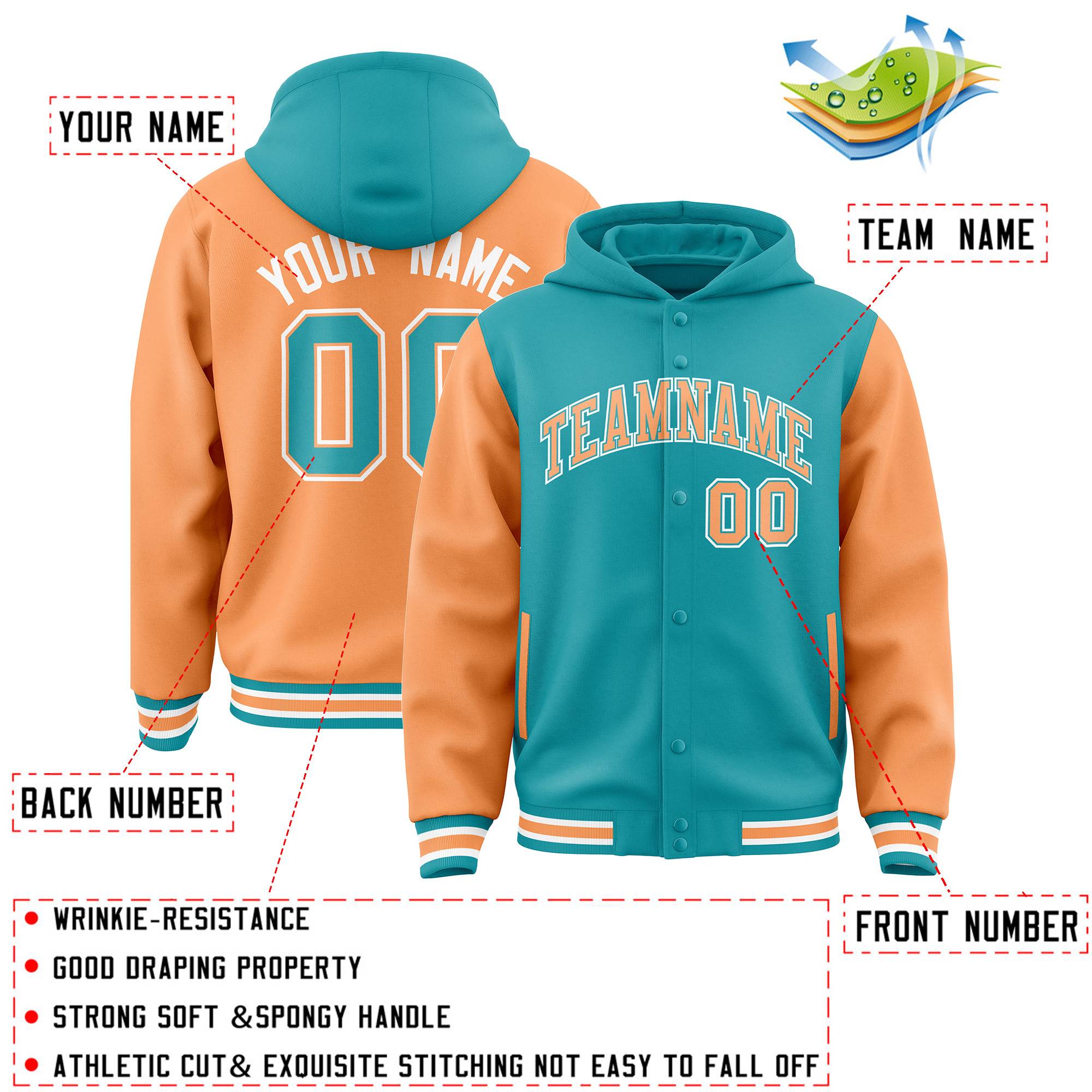 Custom Aqua Orange Raglan Sleeves Varsity Full-Snap Letterman Two Tone Jacket Hoodie