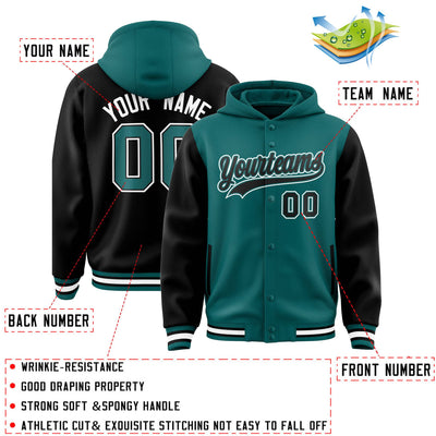 Custom Aqua Black Raglan Sleeves Varsity Full-Snap Letterman Two Tone Jacket Hoodie