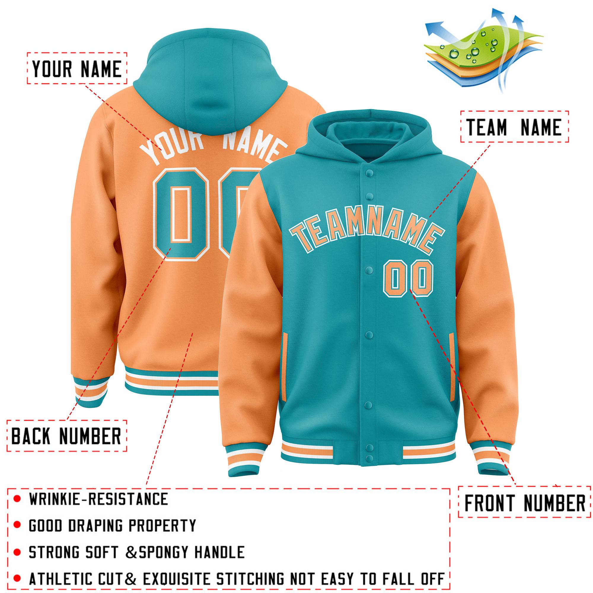 Custom Aqua Orange Raglan Sleeves Varsity Full-Snap Letterman Two Tone Jacket Hoodie