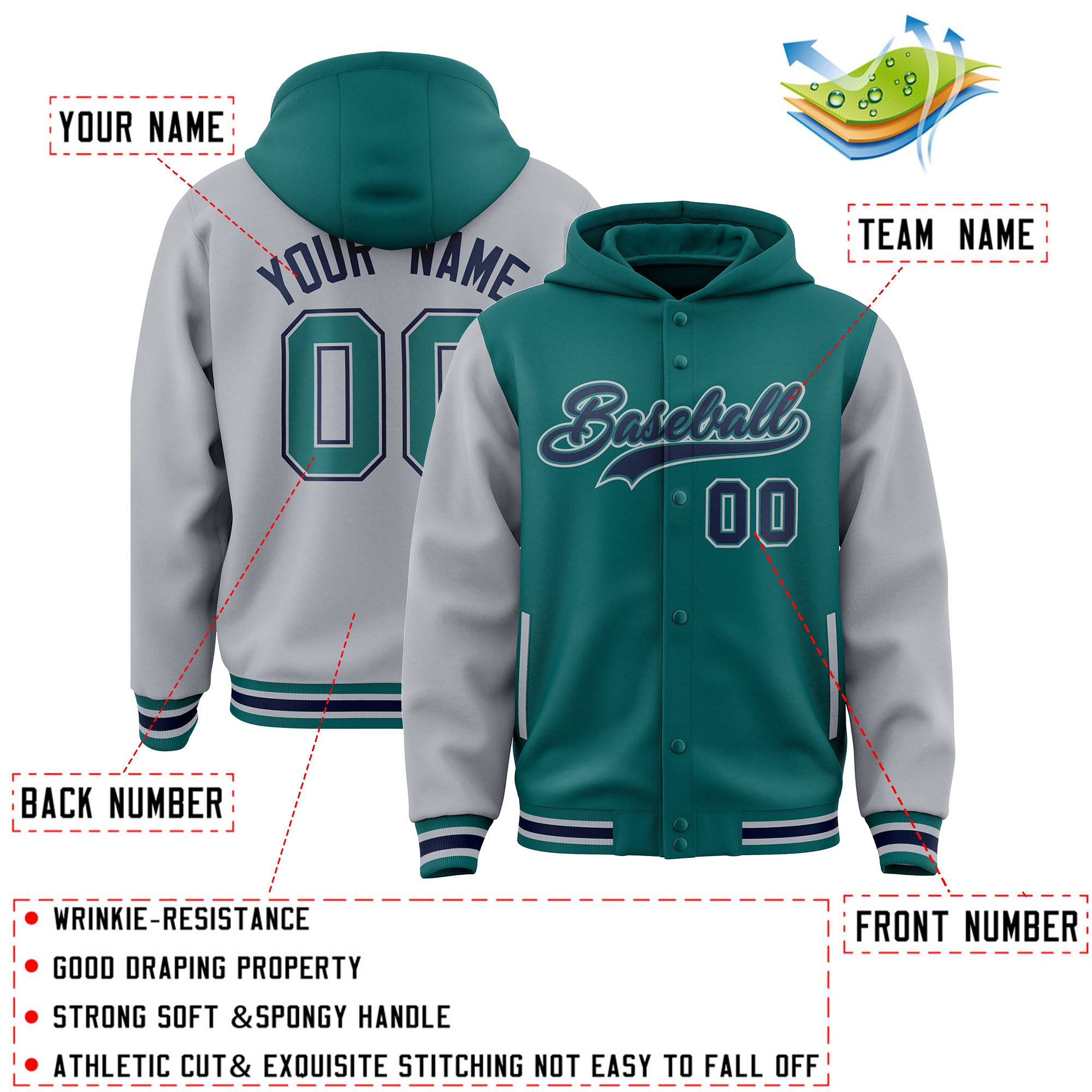 Custom Aqua Gray Raglan Sleeves Varsity Full-Snap Letterman Two Tone Jacket Hoodie