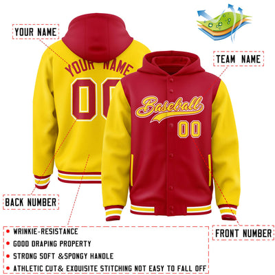 Custom Red Gold Raglan Sleeves Varsity Full-Snap Letterman Two Tone Jacket Hoodie