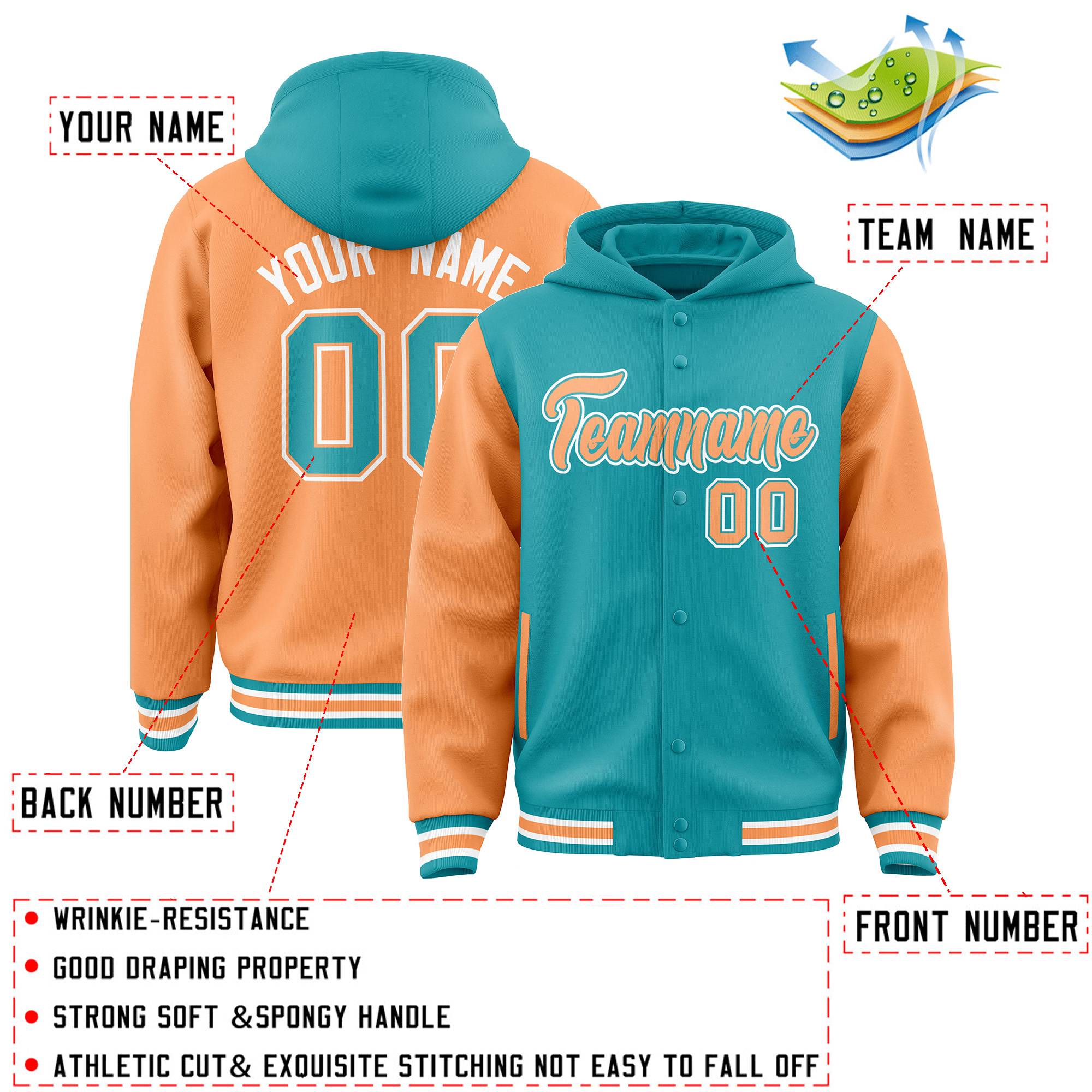 Custom Aqua Orange Raglan Sleeves Varsity Full-Snap Letterman Two Tone Jacket Hoodie