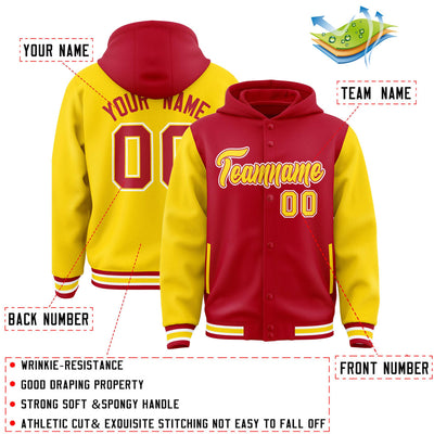 Custom Red Gold Raglan Sleeves Varsity Full-Snap Letterman Two Tone Jacket Hoodie