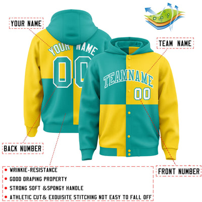 Custom Aqua Gold Varsity Full-Snap Four Squares Color Block Letterman Jacket Hoodie