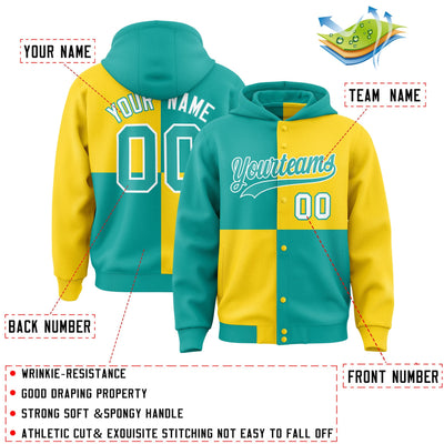 Custom Aqua Gold Varsity Full-Snap Four Squares Color Block Letterman Jacket Hoodie