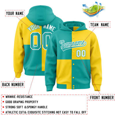 Custom Aqua Gold Varsity Full-Snap Four Squares Color Block Letterman Jacket Hoodie