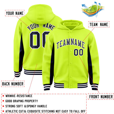 Custom Neon Green Navy Color Block Varsity Full-Snap Letterman Jacket Hoodie