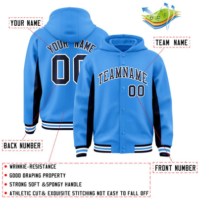 Custom Powder Blue Navy Color Block Varsity Full-Snap Letterman Jacket Hoodie
