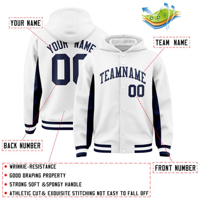 Custom White Navy Color Block Varsity Full-Snap Letterman Jacket Hoodie