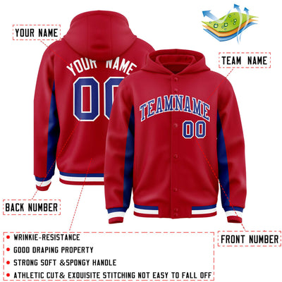 Custom Red Royal Color Block Varsity Full-Snap Letterman Jacket Hoodie
