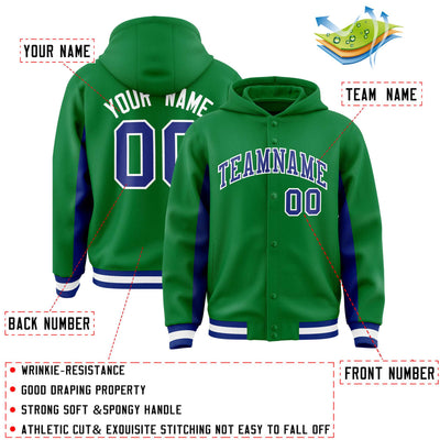 Custom Kelly Green Royal Color Block Varsity Full-Snap Letterman Jacket Hoodie
