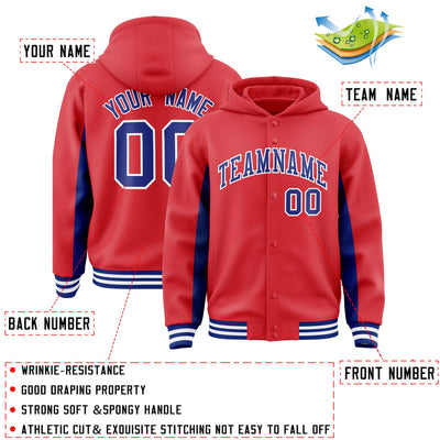 Custom Light Red Royal Color Block Varsity Full-Snap Letterman Jacket Hoodie