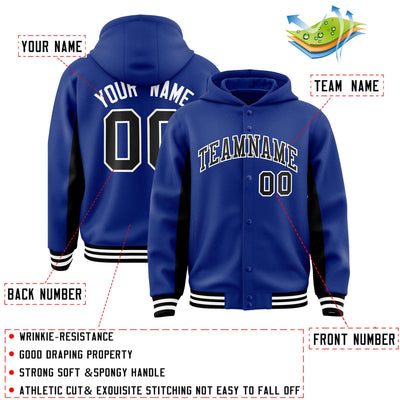 Custom Royal Black Color Block Varsity Full-Snap Letterman Jacket Hoodie