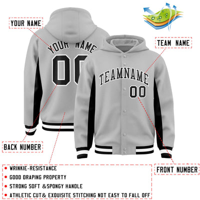 Custom Gray Black Color Block Varsity Full-Snap Letterman Jacket Hoodie