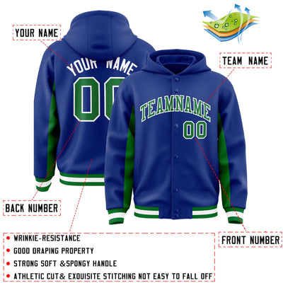 Custom Royal Kelly Green Color Block Varsity Full-Snap Letterman Jacket Hoodie