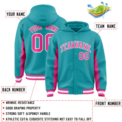 Custom Aqua Pink Color Block Varsity Full-Snap Letterman Jacket Hoodie