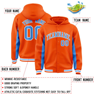 Custom Orange Powder Blue Color Block Varsity Full-Snap Letterman Jacket Hoodie