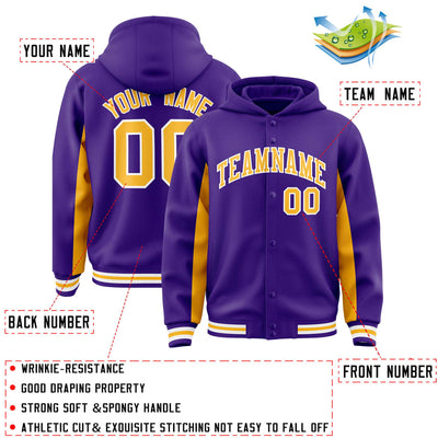 Custom Purple Gold Color Block Varsity Full-Snap Letterman Jacket Hoodie