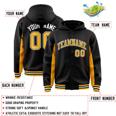 Custom Black Gold Color Block Varsity Full-Snap Letterman Jacket Hoodie