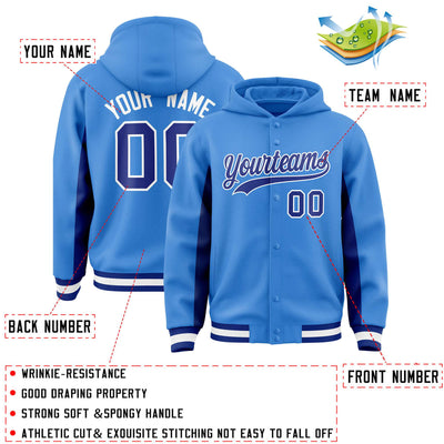 Custom Powder Blue Royal Color Block Varsity Full-Snap Letterman Jacket Hoodie