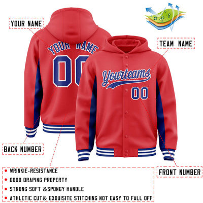 Custom Light Red Royal Color Block Varsity Full-Snap Letterman Jacket Hoodie