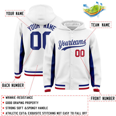 Custom White Royal Color Block Varsity Full-Snap Letterman Jacket Hoodie