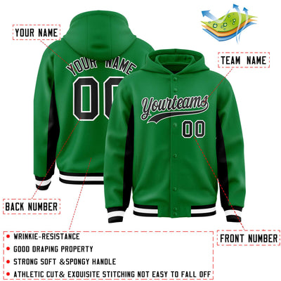 Custom Kelly Green Black Color Block Varsity Full-Snap Letterman Jacket Hoodie