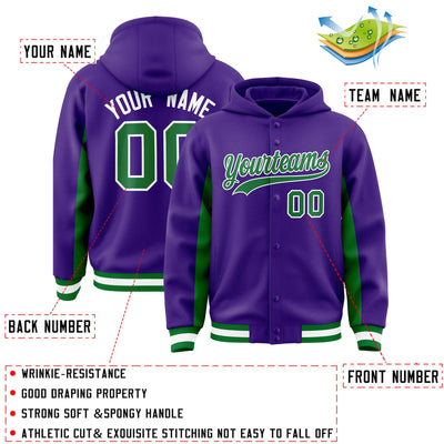 Custom Purple Kelly Green Color Block Varsity Full-Snap Letterman Jacket Hoodie