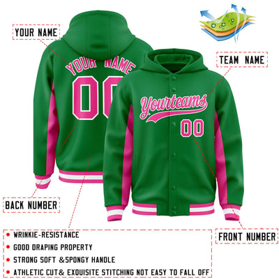 Custom Kelly Green Pink Color Block Varsity Full-Snap Letterman Jacket Hoodie