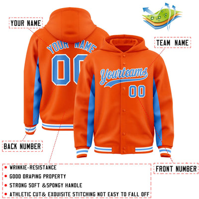 Custom Orange Powder Blue Color Block Varsity Full-Snap Letterman Jacket Hoodie