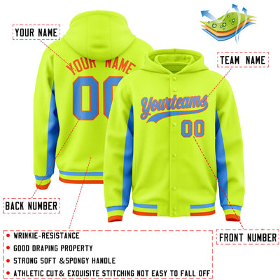Custom Neon Green Powder Blue Color Block Varsity Full-Snap Letterman Jacket Hoodie