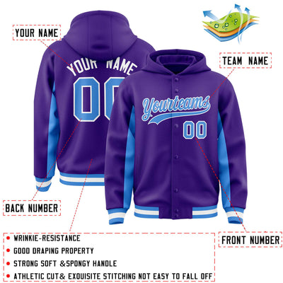 Custom Purple Powder Blue Color Block Varsity Full-Snap Letterman Jacket Hoodie