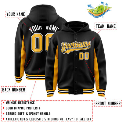Custom Black Gold Color Block Varsity Full-Snap Letterman Jacket Hoodie
