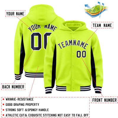 Custom Neon Green Navy Color Block Varsity Full-Snap Letterman Jacket Hoodie