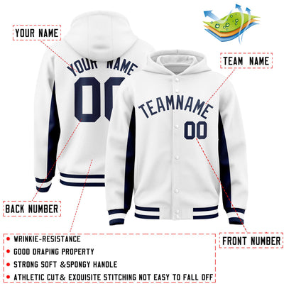Custom White Navy Color Block Varsity Full-Snap Letterman Jacket Hoodie