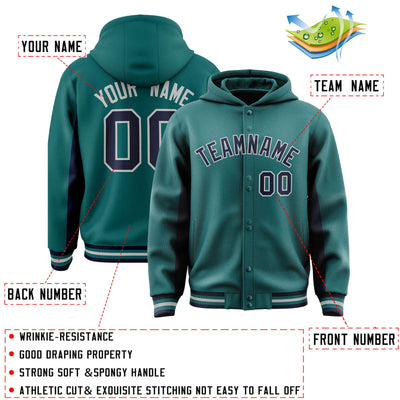 Custom Aqua Navy Color Block Varsity Full-Snap Letterman Jacket Hoodie