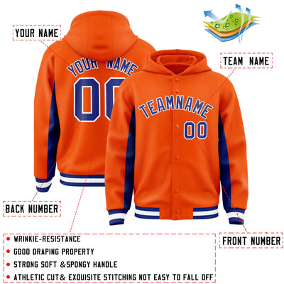 Custom Orange Royal Color Block Varsity Full-Snap Letterman Jacket Hoodie