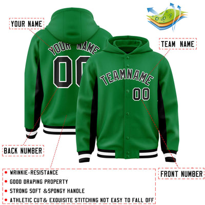Custom Kelly Green Black Color Block Varsity Full-Snap Letterman Jacket Hoodie