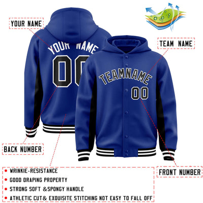 Custom Royal Black Color Block Varsity Full-Snap Letterman Jacket Hoodie