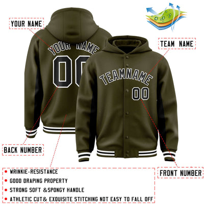 Custom Olive Black Color Block Varsity Full-Snap Letterman Jacket Hoodie