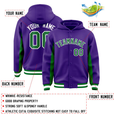 Custom Purple Kelly Green Color Block Varsity Full-Snap Letterman Jacket Hoodie