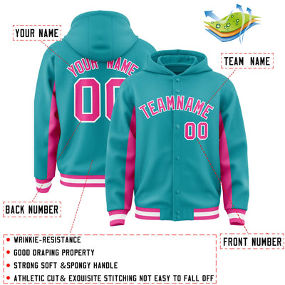 Custom Aqua Pink Color Block Varsity Full-Snap Letterman Jacket Hoodie
