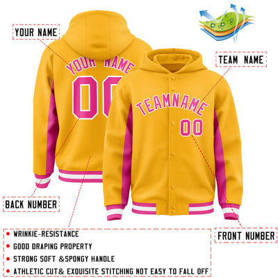 Custom Gold Pink Color Block Varsity Full-Snap Letterman Jacket Hoodie