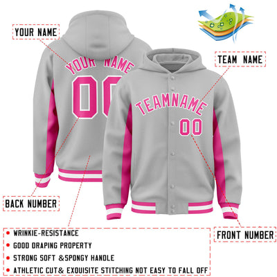 Custom Gray Pink Color Block Varsity Full-Snap Letterman Jacket Hoodie