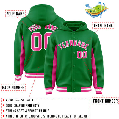 Custom Kelly Green Pink Color Block Varsity Full-Snap Letterman Jacket Hoodie