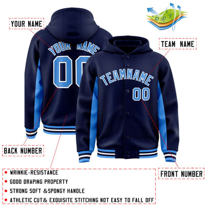 Custom Navy Powder Blue Color Block Varsity Full-Snap Letterman Jacket Hoodie